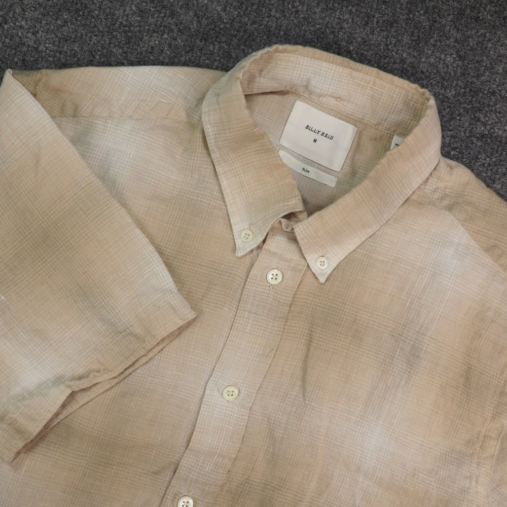 Billy Reid Shirt Mens Med Slim Short Sleeve Tan Plaid 100% Linen Button Down